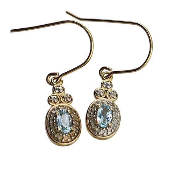 18k Yellow Gold Plated Silver Genuine Blue Topaz Diamond Dangle Hook Earrings - Picture 7 of 7